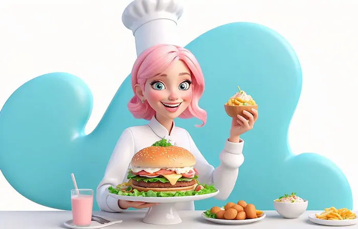 Female Burger Chef 3D Cartoon Character Art Illustration
